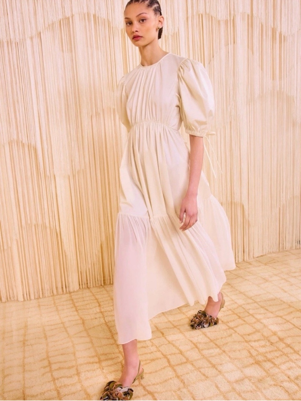 Ulla Johnson Collage Short Sleeve Midi Dress in Pearl